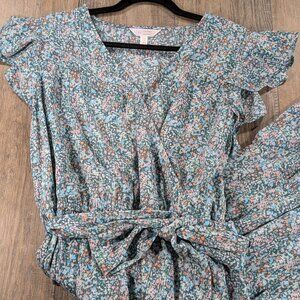 Lauren Conrad Dress Womens 1X Blue Floral Print Flutter Sleeve Tie Waist Flowy